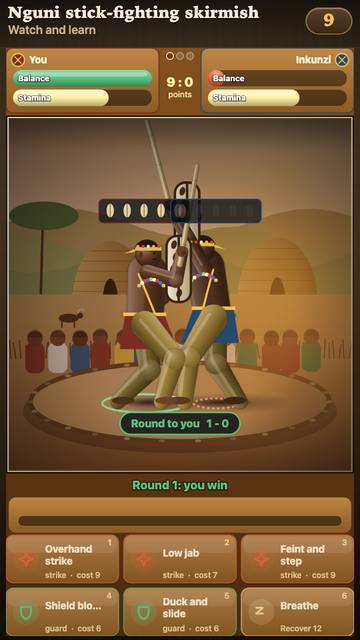 Nguni stick-fighting rhythm skirmish: the game in attract mode