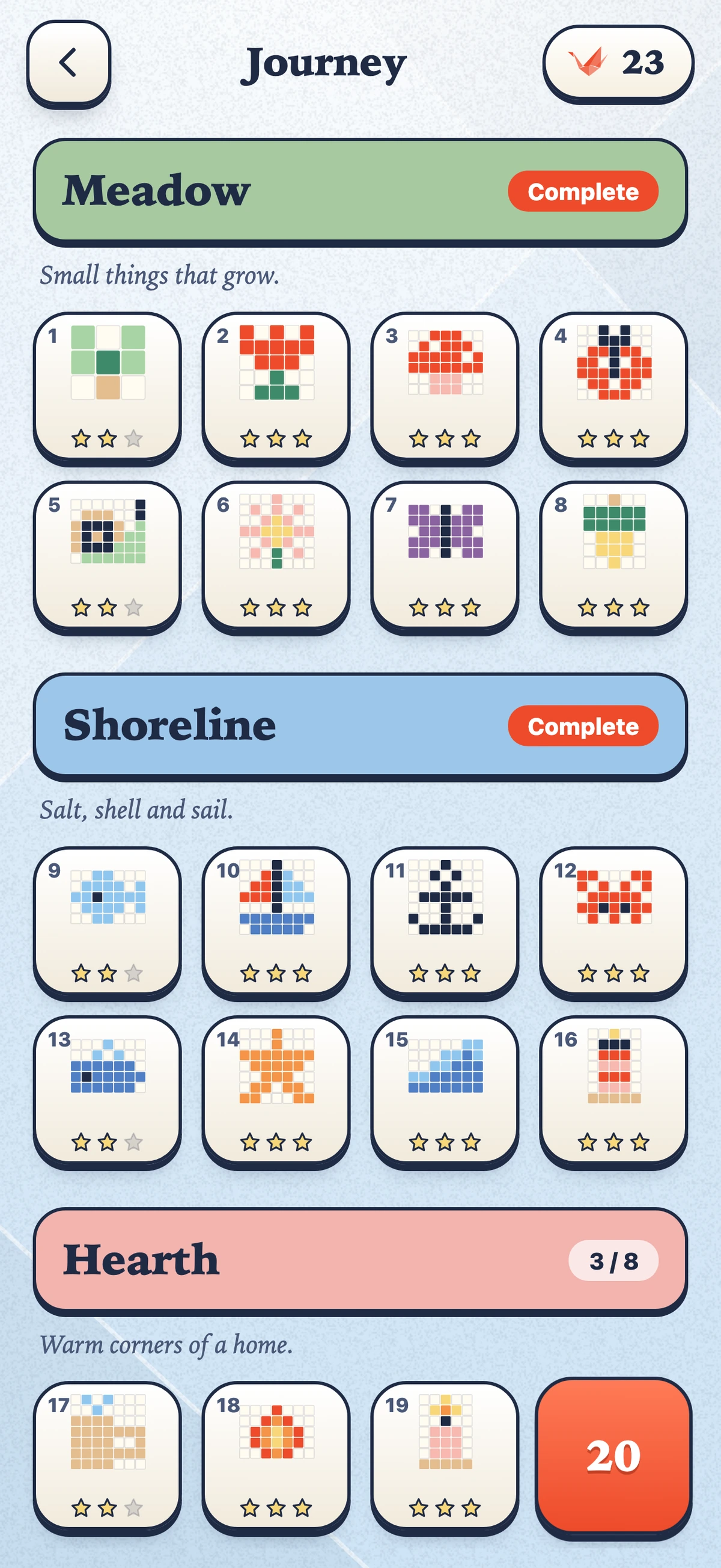 The journey screen with chapters of sheets