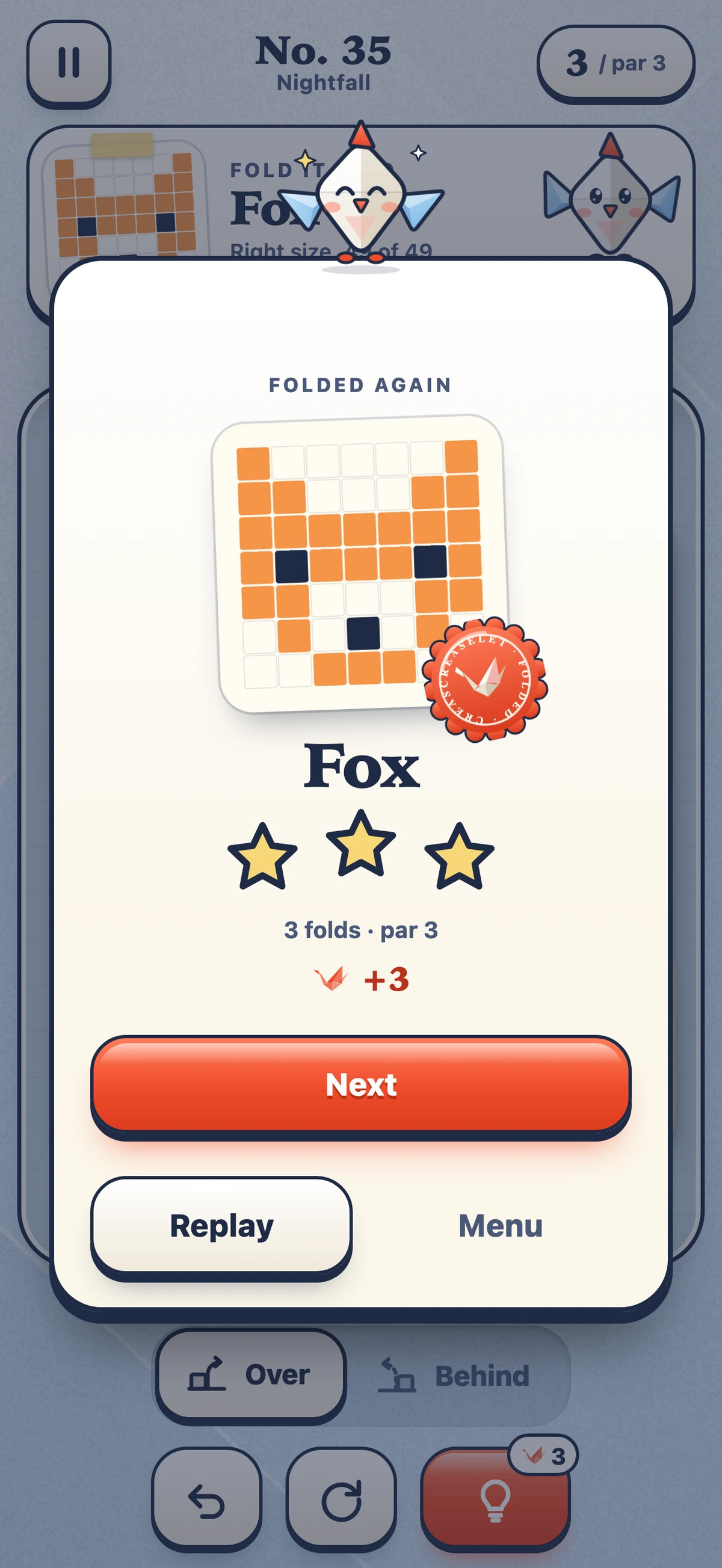 A finished picture with three stars and a seal