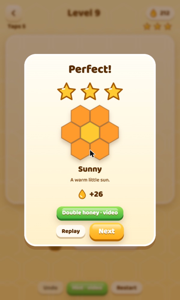 A level complete screen with three stars and a new picture