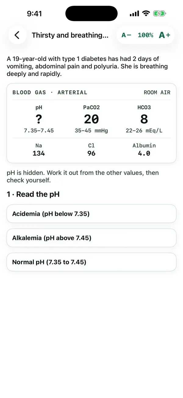 The Acid-Base Solver showing a blood gas with the pH hidden and a first step to answer.