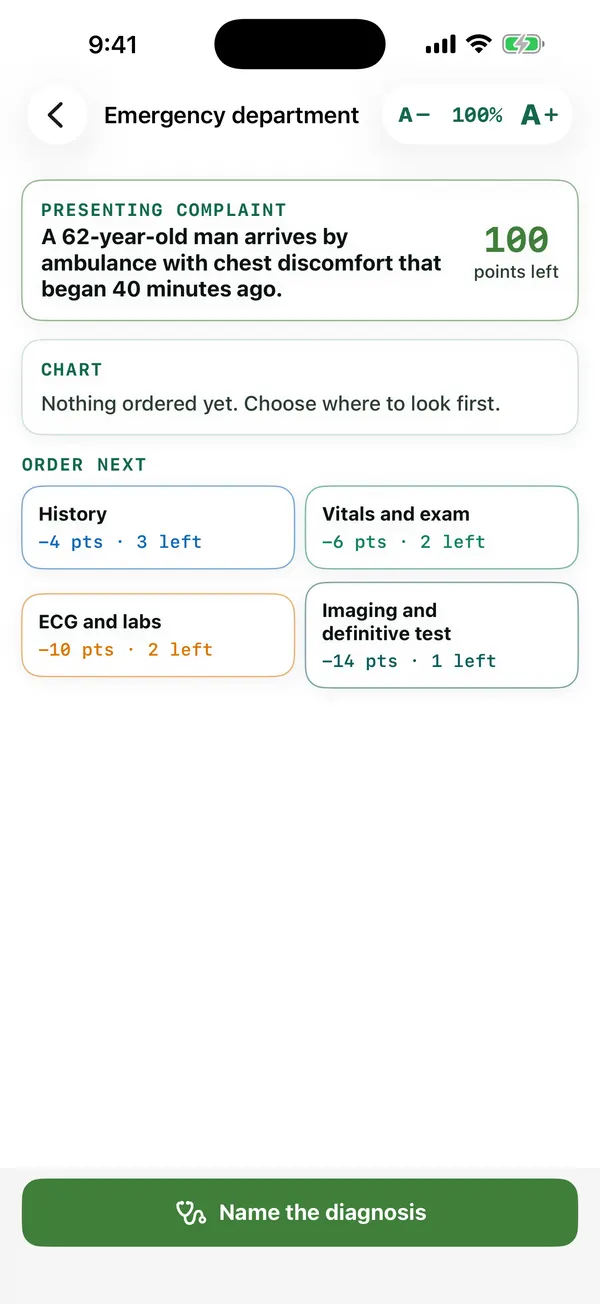 Chest Pain Detective: an emergency case with four clue categories and a cost for each clue.