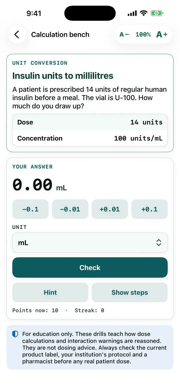 Dose and Interaction Drill: an insulin unit conversion with stepper and unit picker.