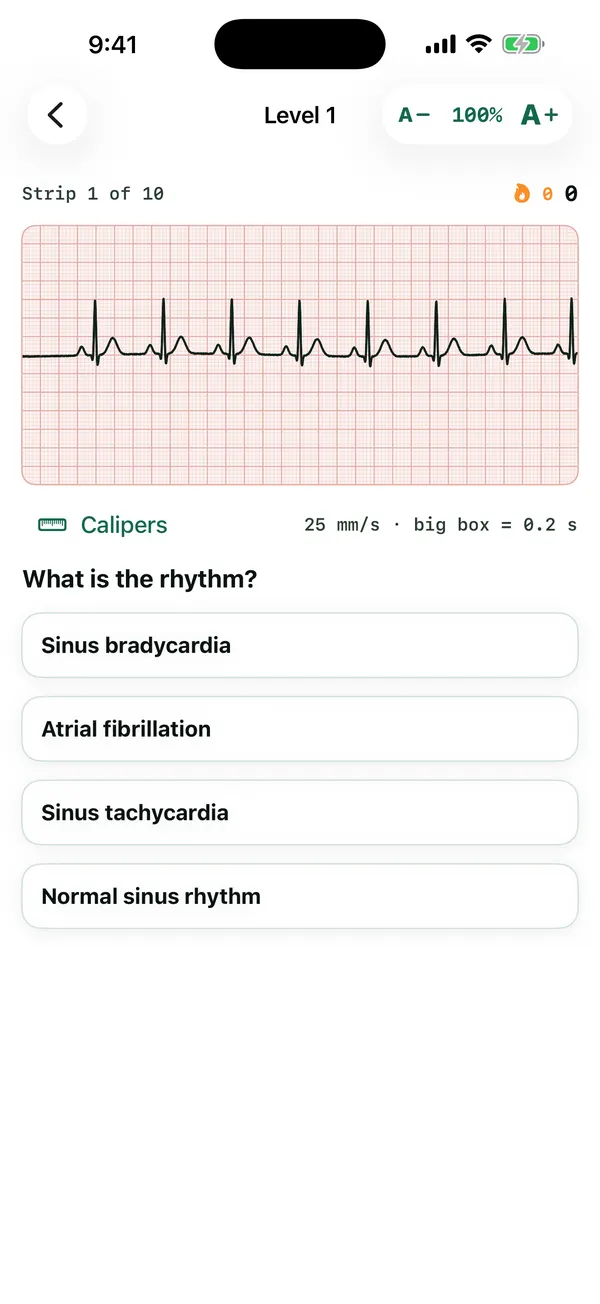 The ECG Rhythm Trainer showing a six-second strip, calipers and four answer choices.