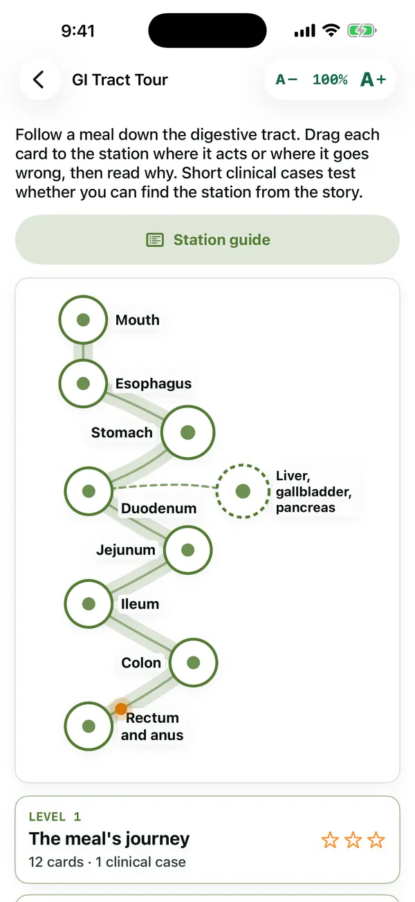 GI Tract Tour showing the digestive tract map with stations from mouth to rectum.