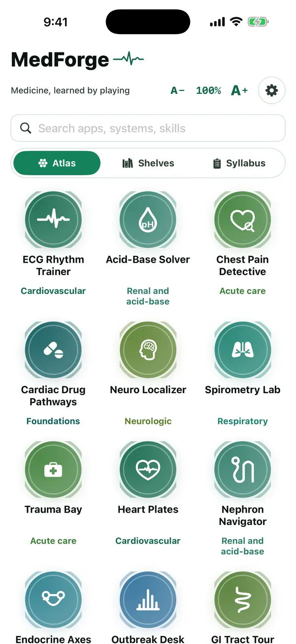 The Atlas home screen: every MedForge app as a coloured medallion.