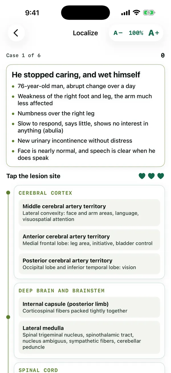 Neuro Localizer: a patient's findings and a list of lesion sites to choose from.