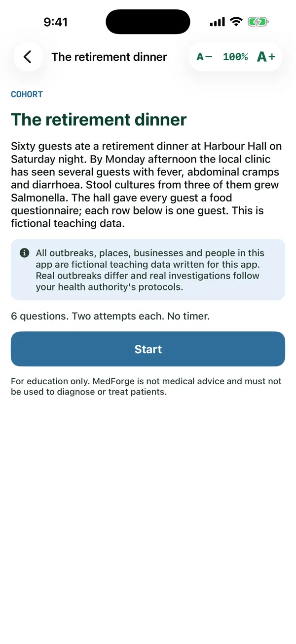 Outbreak Desk: the retirement dinner case file with a fictional-data notice.