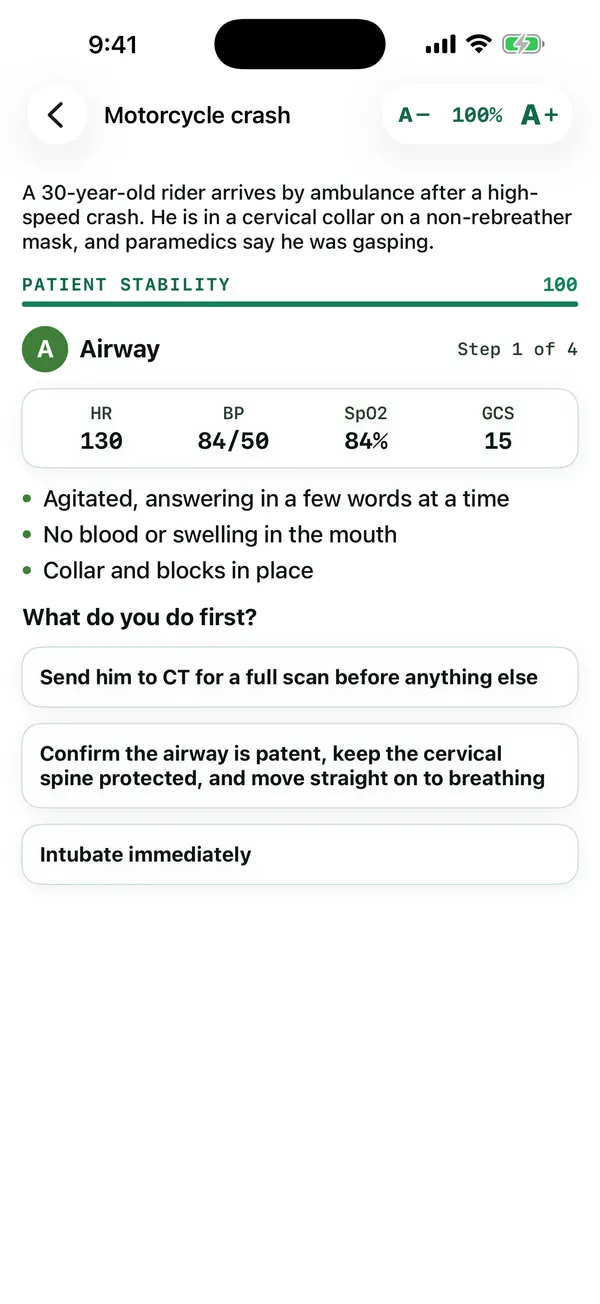 Trauma Bay showing a motorcycle crash patient with vital signs and three airway choices.