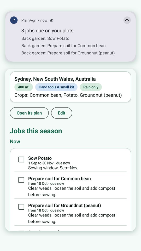 Android reminder notification listing jobs due on plots