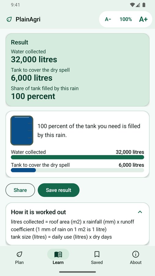 PlainAgri rainwater calculator on Android