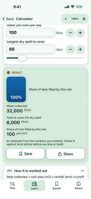PlainAgri calculator with inputs, results and formula