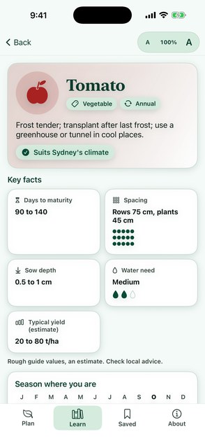 PlainAgri crop page showing season, spacing and water need