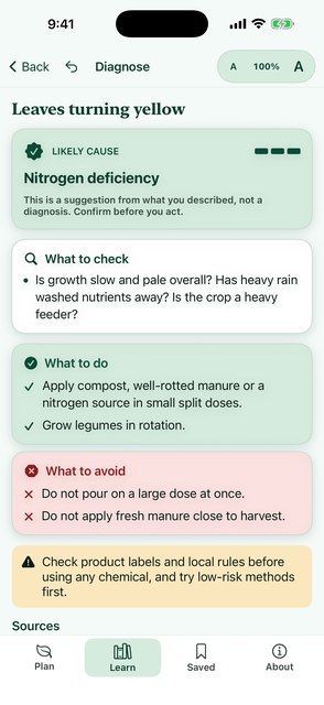 PlainAgri diagnosis result with check, do and avoid