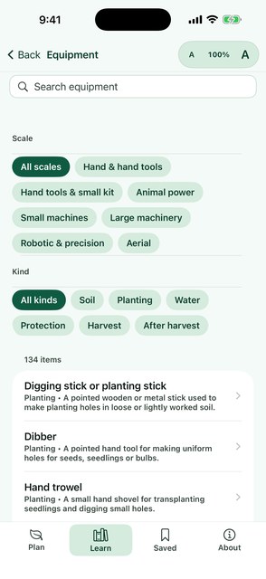 PlainAgri equipment detail with needs, area and manual alternative