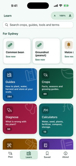 PlainAgri Learn hub with six tiles and a search box