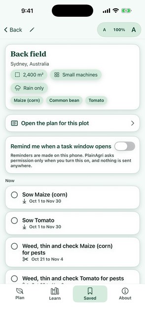 PlainAgri plot with season tasks