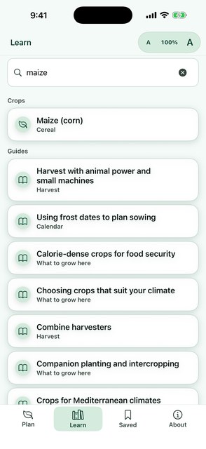 PlainAgri search results across crops, guides and glossary