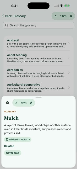PlainAgri glossary definition sheet over a guide