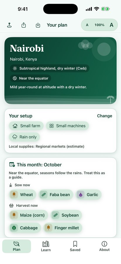 PlainAgri plan screen for Nairobi showing climate zone, setup and plan sections