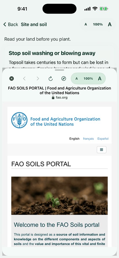 PlainAgri in-app source viewer opened at 80 percent height