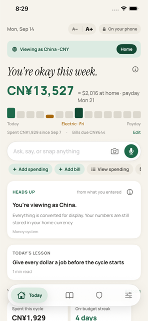 PlainMoney showing the same balance viewed in Chinese yuan via the currency lens, without changing the stored amount