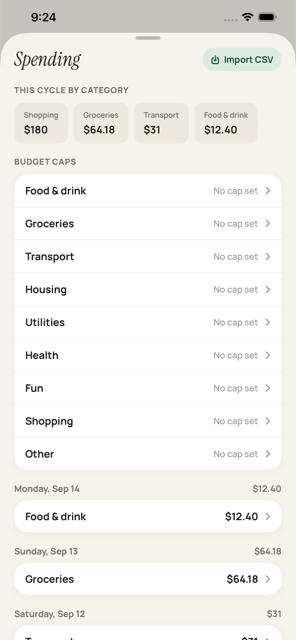 PlainMoney spending screen with category totals and budget caps