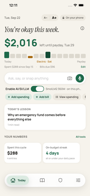 PlainMoney Today tab showing cash left until payday, a 14-day spending bar, and the Enable AI/SI/LLM switch on with an on-device model chosen