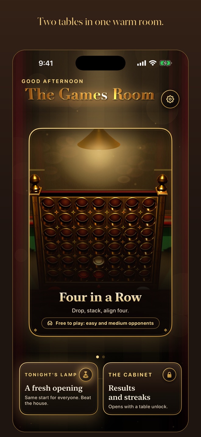 The room: Four in a Row on the shelf, Tonight's Lamp and the Cabinet