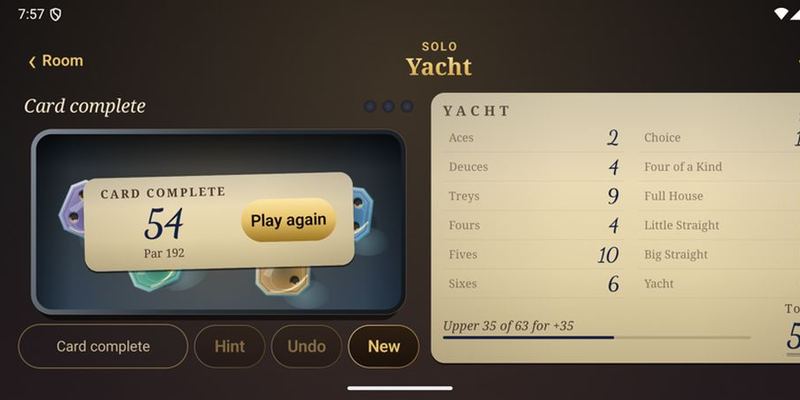 Yacht: glass dice beside an ink score card