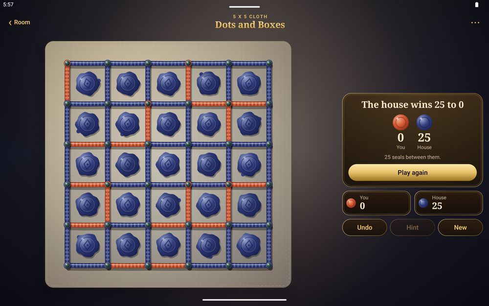 A finished 5 by 5 cloth with every box sealed, on a tablet