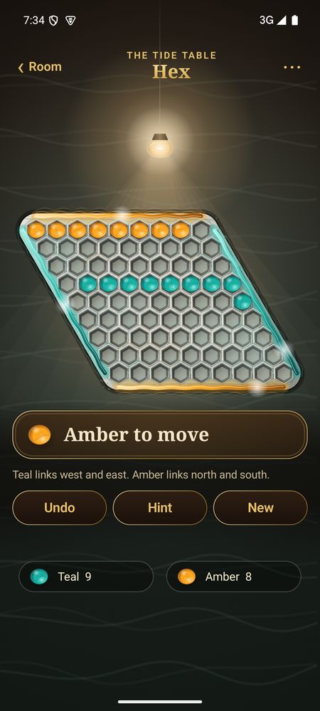 Hex mid-game on the limestone board, teal and amber stones