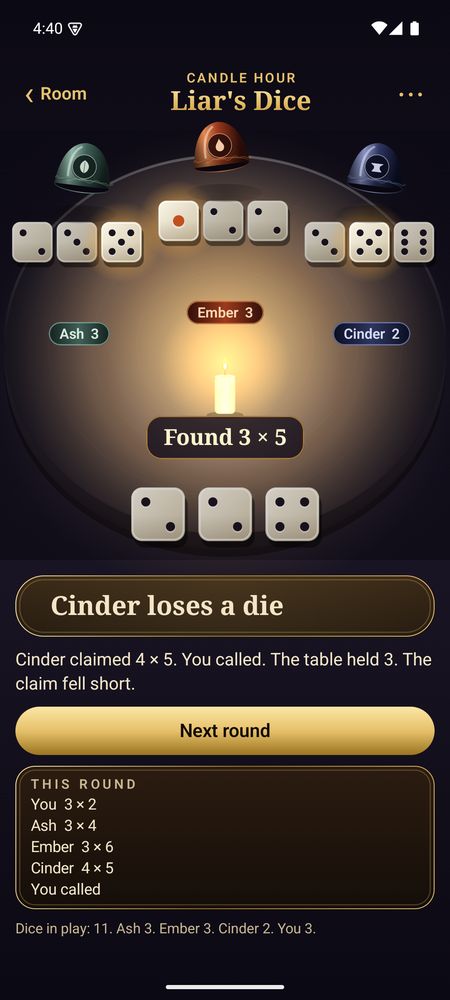 Liar's Dice after a call: the cups are lifted and the dice counted