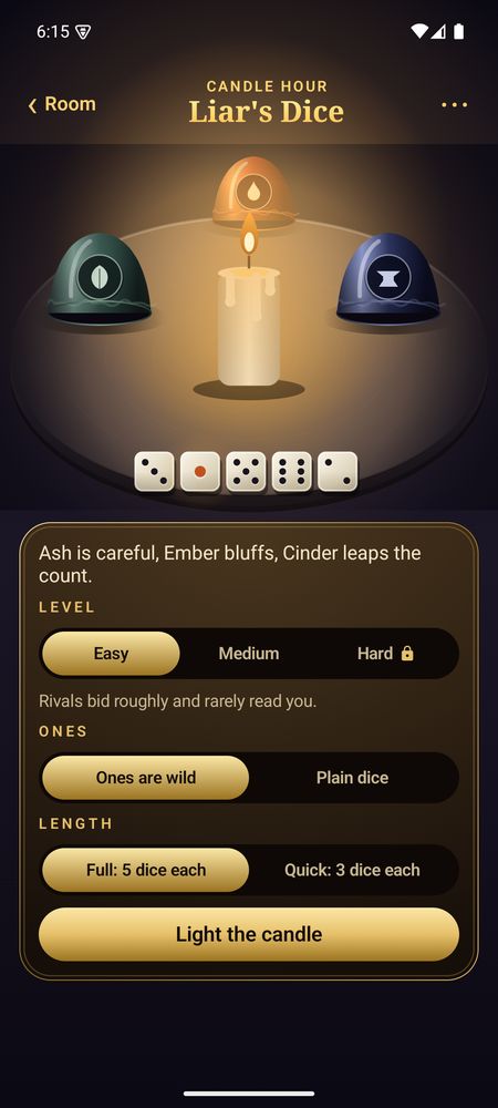 Setting up a game of Liar's Dice by candlelight