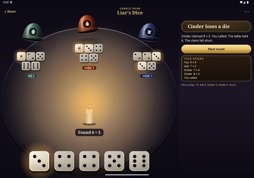 Liar's Dice on a tablet, with the round ledger
