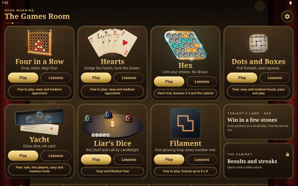 The Games Room on a tablet: seven games on the shelf, Tonight's Lamp and the Cabinet