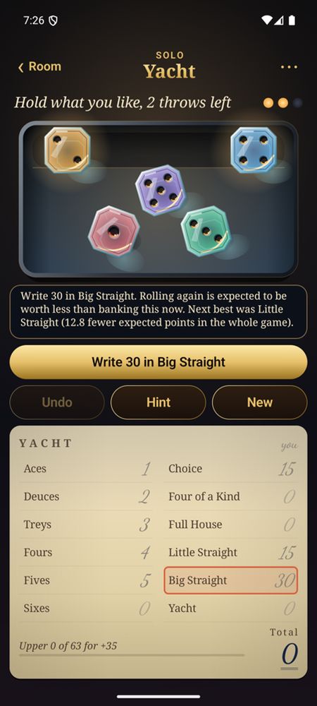 Yacht hint: write 30 in Big Straight, with the reason