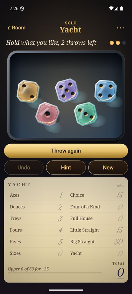Yacht: five glass dice thrown, two throws left